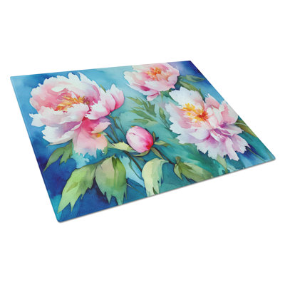 Peonies in Watercolor Glass Cutting Board Large