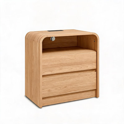 23.62" Wide Curved Wood Grain Nightstand with Drawers & Open Storage Shelf, Rounded Edge Bedside End Table with Cable Management Hole for Bedroom and Living Room Decor, Natural Wood Color