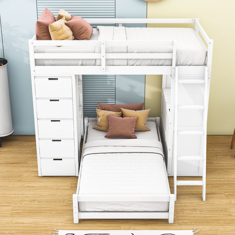 Janarius Twin Over Twin Wood Bunk Bed with LED Light and Drawers, White