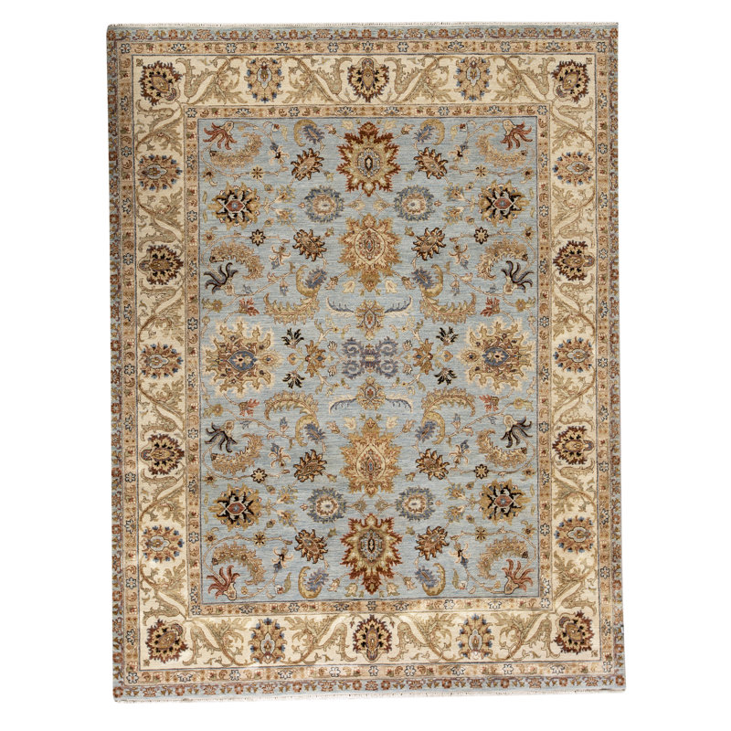 Tapis unique bleu / ivoire en laine et viscose noué à la main 7 pi 9 po x 10 pi 1 po One-of-a-Kind
