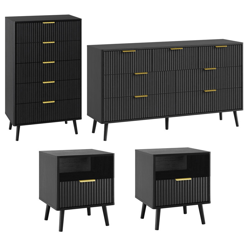4 Piece Bedroom Set, Dresser And Nightstands Set, Black