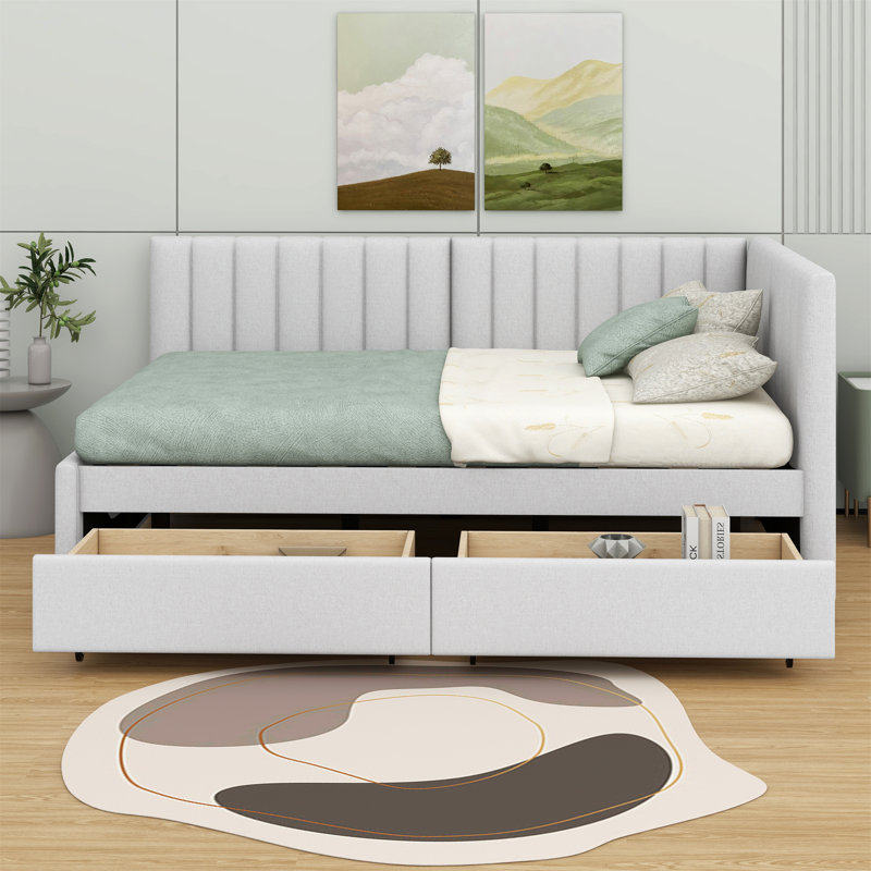 Full-Sized Upholstered Daybed Featuring Two Storage Drawers, Beige