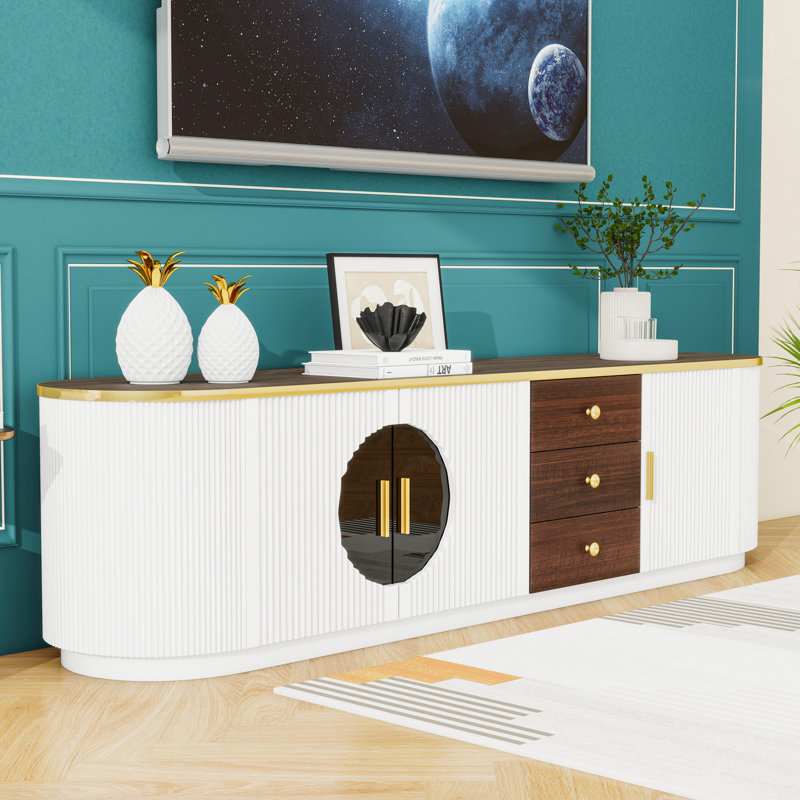 Meuble télé en bois avec 3 tiroirs, armoires, tablettes, panneaux de verre et gestion des câbles, Blanc
