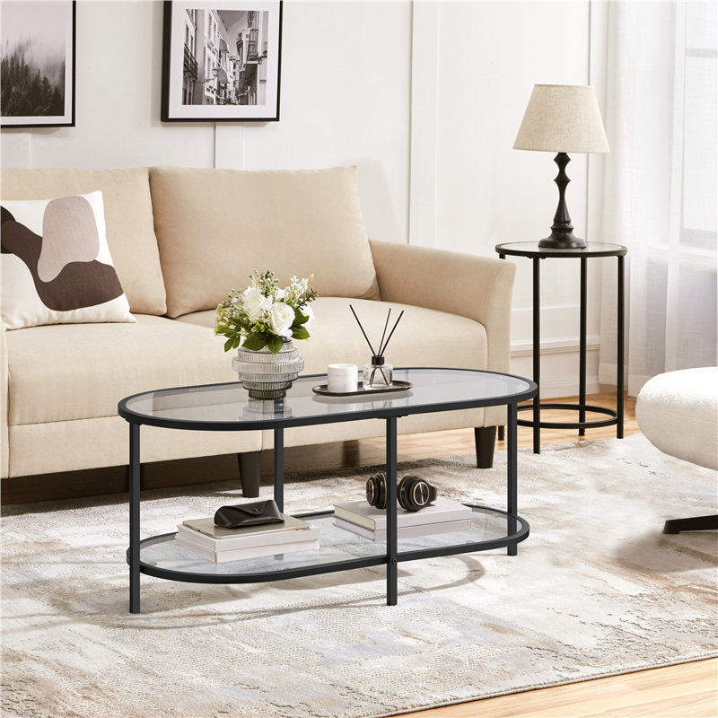 Table basse ovale en verre trempé à double couche Caoimhlin, Noir