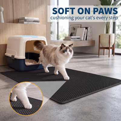 Tapis de litière double couche en silicone pour chat, 120 x 70 cm, motif alvéolé, imperméable, facile à nettoyer, noir, accessoire pour bacs à litière d'intérieur.