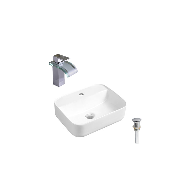DROP Bath And Kitchen 10'' White Ceramic Rectangular Bathroom Sink with Faucet