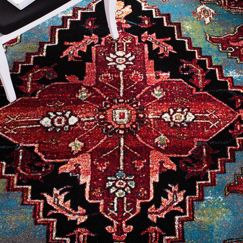 Tapis bleu / rouge Drumnasole Southwestern, Rond 6 pi 7 po