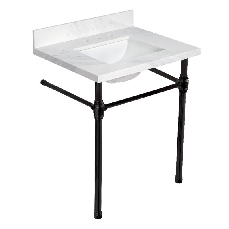 Kingston Brass Mayorca 31-Inch Quartz Console Sink with Brass Legs (8-Inch, 3-Hole), Quartz White/Matte Black