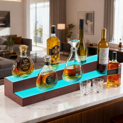 2-Tier LED Lighted Liquor Bottle Display Shelf With App & Remote Control, 30-Inch Whiskey Rack With 7 Static Colors, USB Powered Home Bar Cabinet For 15 Bottles