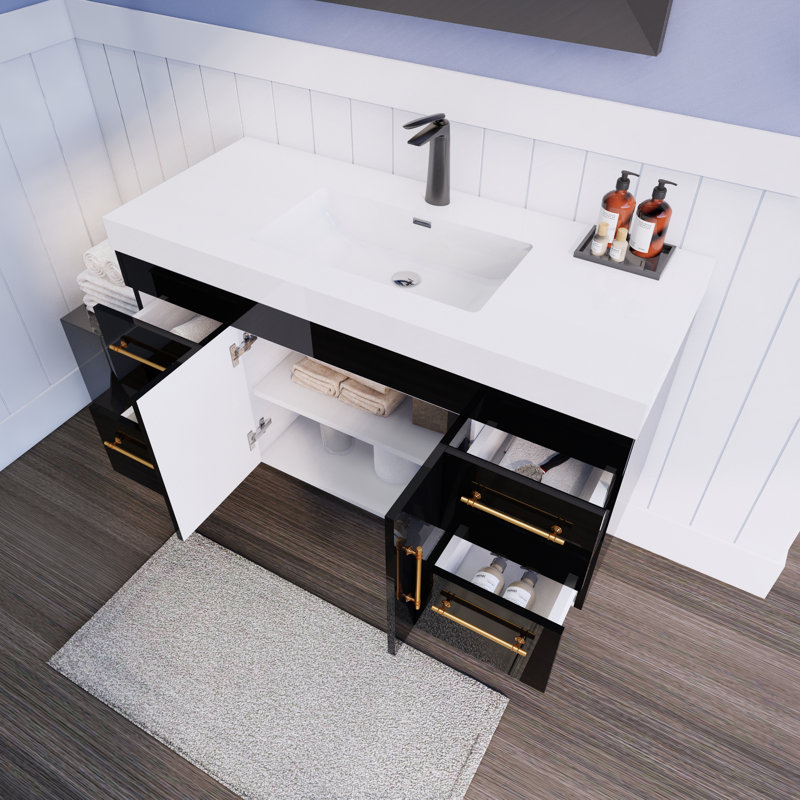 Lissy Spring 48" Wall-Mounted Single Bathroom Vanity Set, Gloss Black