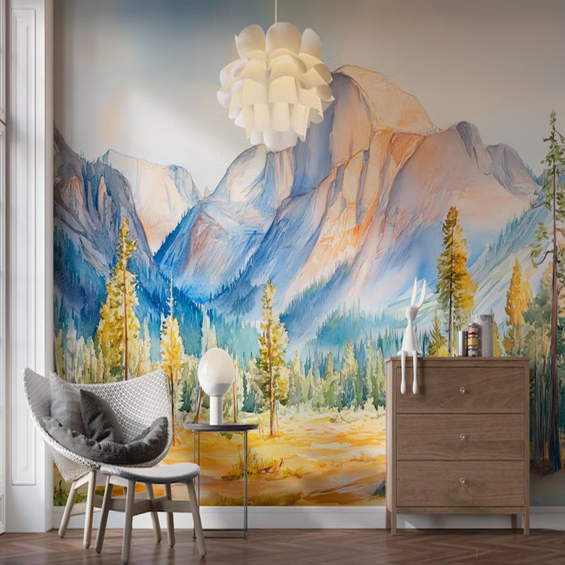 Hand-Painted Yosemite Mountain Landscape Wall Mural, 96" L x 108" W