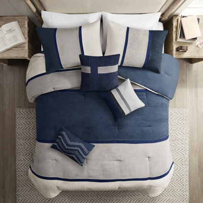 Édredon en faux suède 7 - bleu pour grand lit, rembourré lavable à la machine, comprend 2 édredons, 3 taies décoratives, 7 jupes décoratives Soft Touch