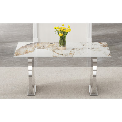 Table de cuisine à la mode avec bureau en marbre à haute température et pieds rectangulaires en acier inoxydable marbré - pieds, 63 x 31,4 pouces, surface dure, résistance à l'usure, haute température facile à essuyer,