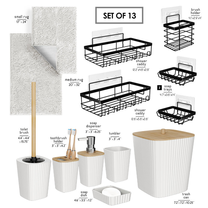 Ensemble complet d'accessoires de salle de bain 13 pièces avec accents en bambou, poubelle, brosse de toilette, 2 tapis de bain et 5 paniers de douche inclus
