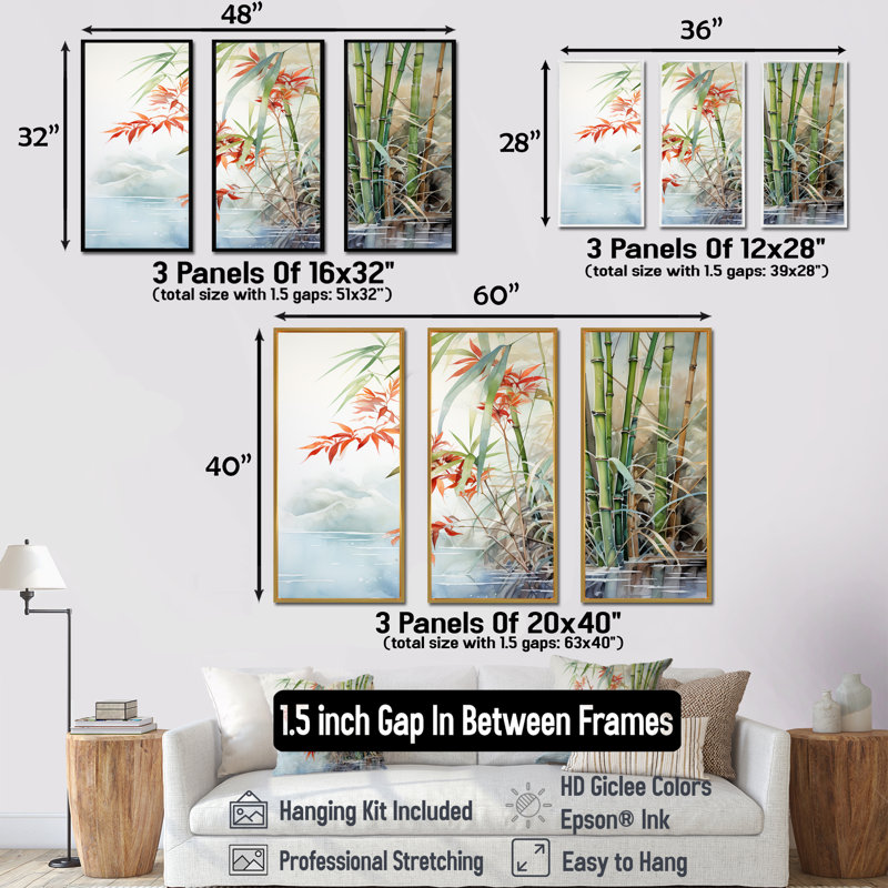 Bamboo Charm In China - Ensemble d'art mural en toile de bambou, Cadre naturel flottant, H 40 po x l 60 po x P 1 po