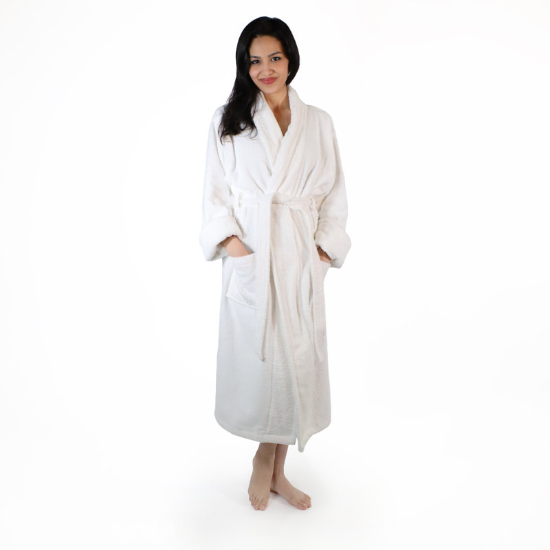 Peignoir mi-mollet 100% coton éponge avec poches, G / TG, Blanc féminin