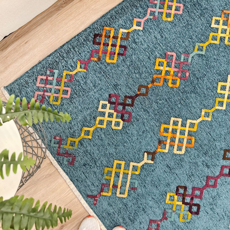 Alfa Rich Moroccan Blue Washable Cotton Area Rugs for Living Room Bedroom Kitchen Dining Rug, Rectangle 4'1" x 5'9"