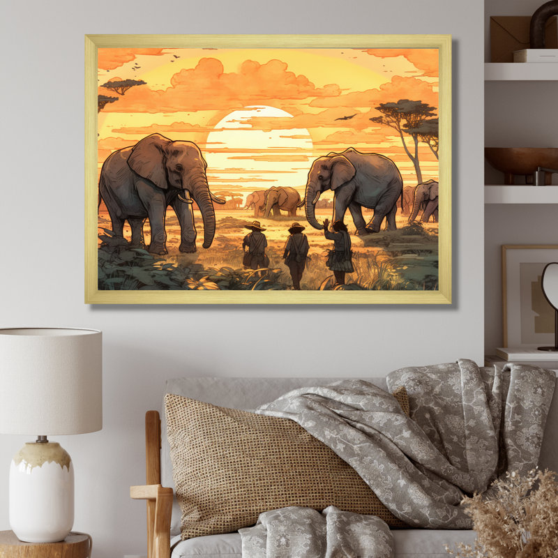 Safari africain jaune avec éléphants sur toile, H 12 po x l 20 po x P 1 po, Encadrement doré