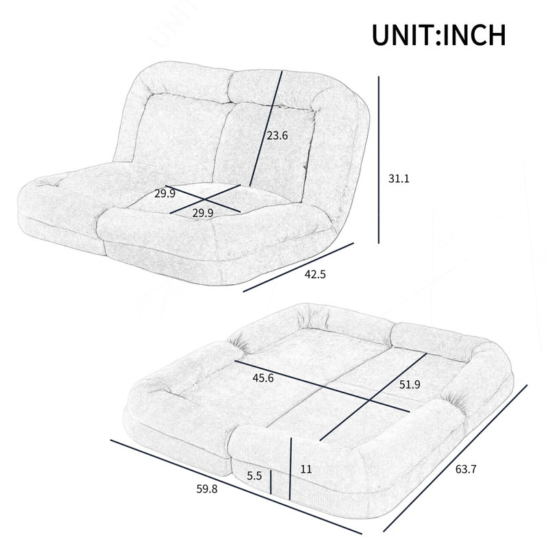Convertible Fold-Out Double Sofa Bed, White Fabric