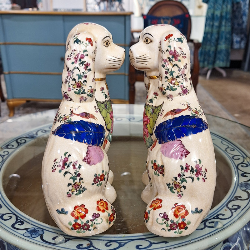Porcelain Staffordshire Dog Figurines Pair, Blue floral