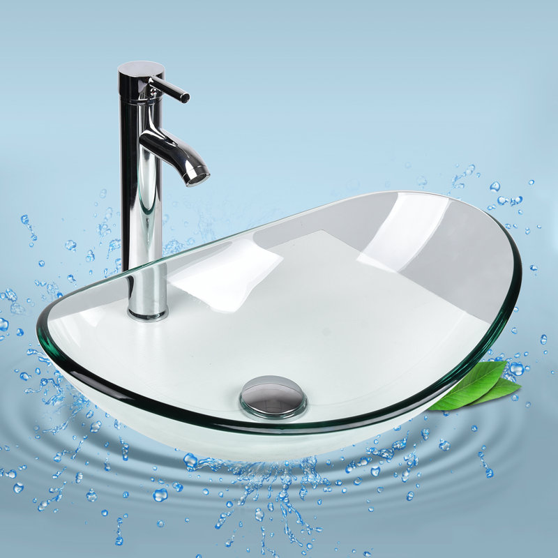 Lavabo de salle de bain ovale en verre trempé 21 po avec robinet Wade Logan® Beyo, Chrome chrome, Clair