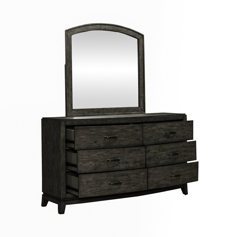 Ensemble de chambre avec lit tapissier, commode et miroir Drelan, Grand lit, Marron foncé