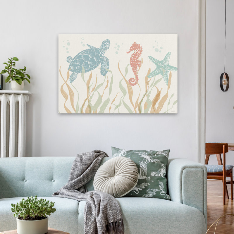 Bord de mer style I bord de mer; Nautique, animal, bleu, blanc, turquoise, beige, H 36 po x l 24 po