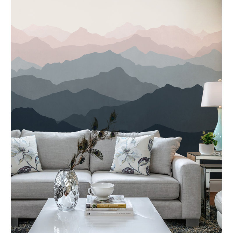 Ensemble de panneau de papier peint 5 pièces Mountain Mural, l 120 po x L 96 po, Bleu marine cendré clair