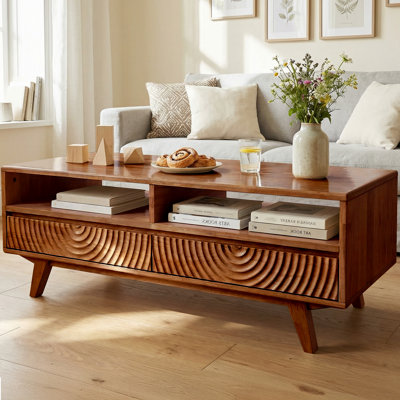  Table basse Harmony de 47,2 po de largeur avec rangement, table de centre rectangulaire en bois pour le salon, plusieurs couleurs, deux solutions - 2 tiroirs lisses et rangement ouvert, finition caramel / noyer / chêne naturel