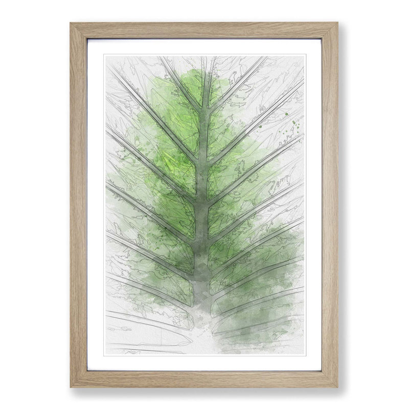 Green Leaf Lines in Abstract - Picture Frame Graphic Art Print on MDF, 65cm H x 48cm W x 2cm D, Oak Framed