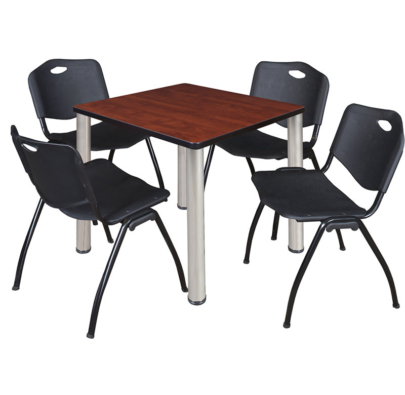 Plateau de table Kee Square, 4 chaises empilables, H 42 po x l 29 po x P 29 po, Cerisier, Chrome