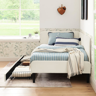 Lit simple ajustable beige avec 2 tiroirs de rangement, rembourré pour la chambre à coucher, conception moderne, confortable, lit en velours convertible en eucalyptus et de construction, structure douce et renforcée