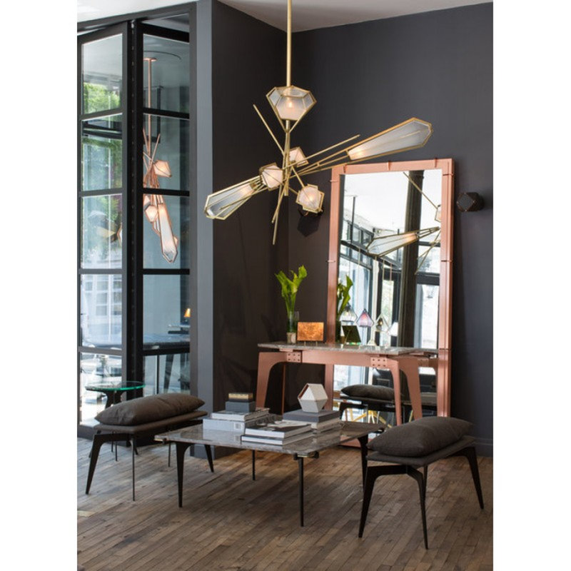 Grand lustre suspendu en laiton clair à intensité variable Harlow, Cuivre satiné, Onyx jaune