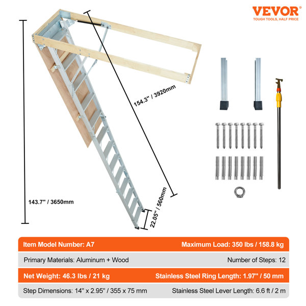 VEVOR 12 - Step Aluminum Attic Ladder