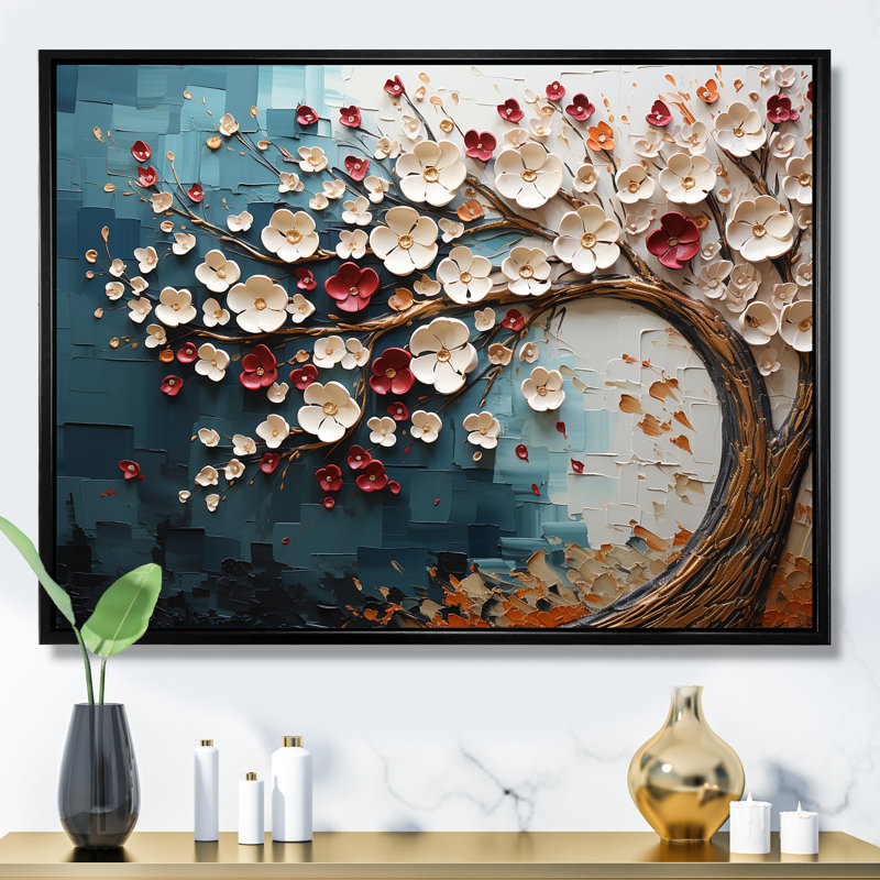 Arbre de fleur rouge et or au clair de lune beauté VI - art mural arbre, Cadre d'angle fermé noir