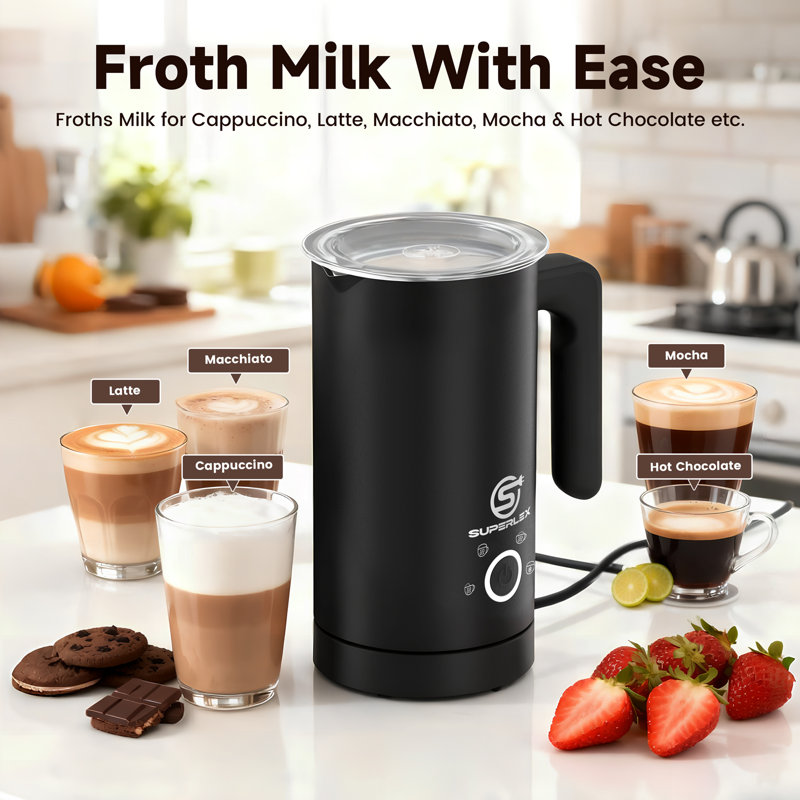 SUPERLEX Milk Frother Electric Milk Steamer and Warmer 4 in 1 Automatic Hot and Cold Milk Foamer Maker 500W Auto Shut Off Large Capacity Hot Chocolate Maker for Cappuccino Coffee Latte
