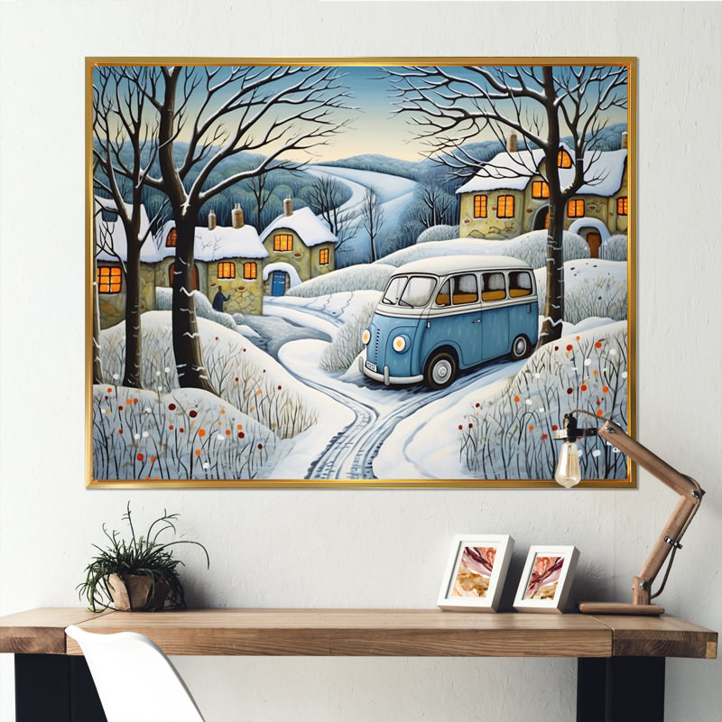 Hippie Van Charm In Winter I - Car / Van, reproduction d'art sur toile, H 34 po x l 44 po x P 1,5 po, Cadre flottant doré