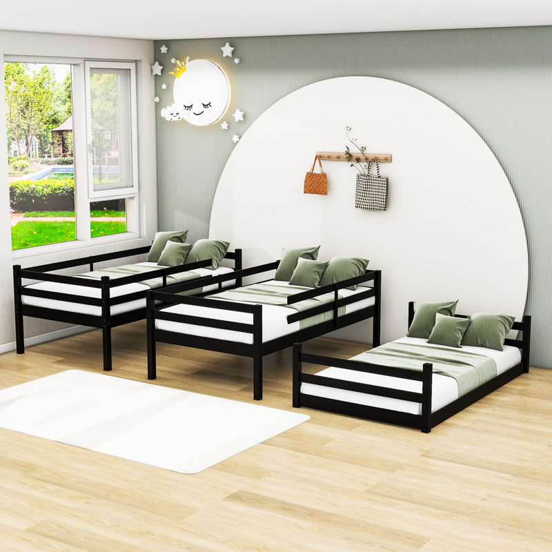 Lit superposé simple au-dessus de simple au-dessus de simple avec conception détachable, échelles intégrées, garde-corps Kaisar