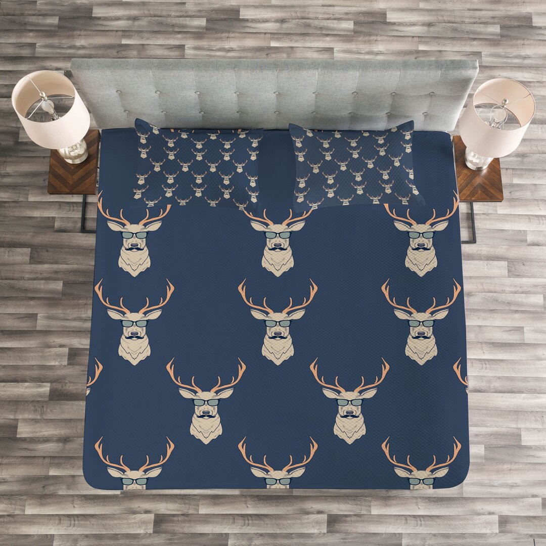 Gestepptes Bettdecken-Set, Retro Hipster Tiere, Hirsch, Blaugrau Tan