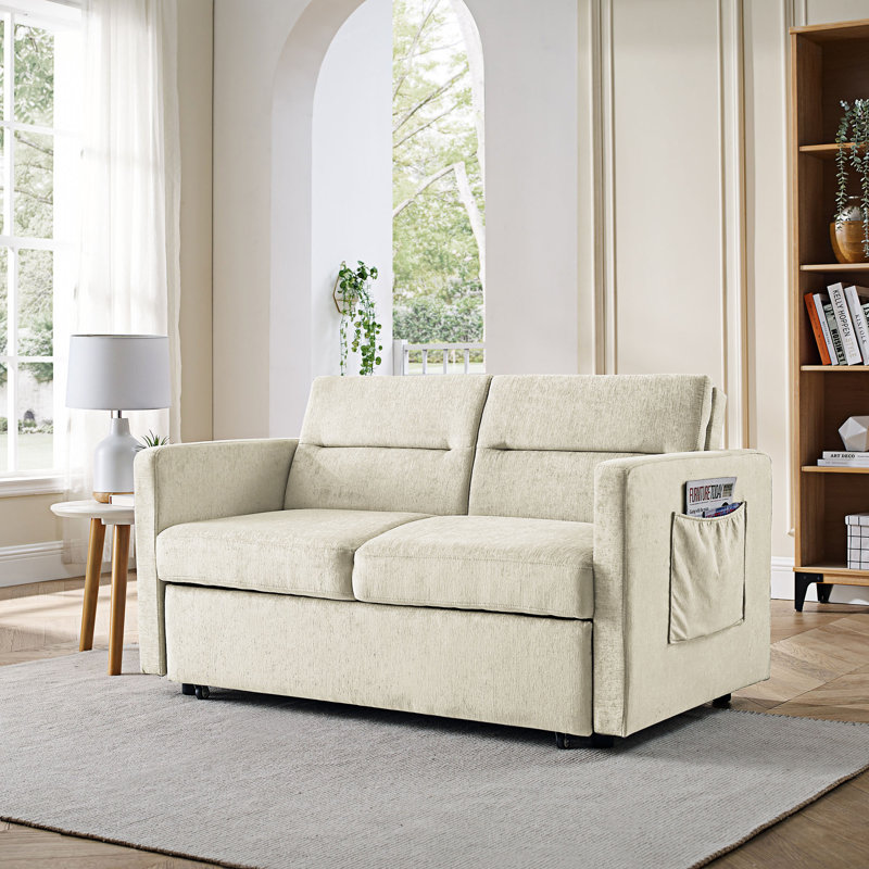 Canapé-lit à accoudoirs carrés en velours 54,5 po, Velours beige
