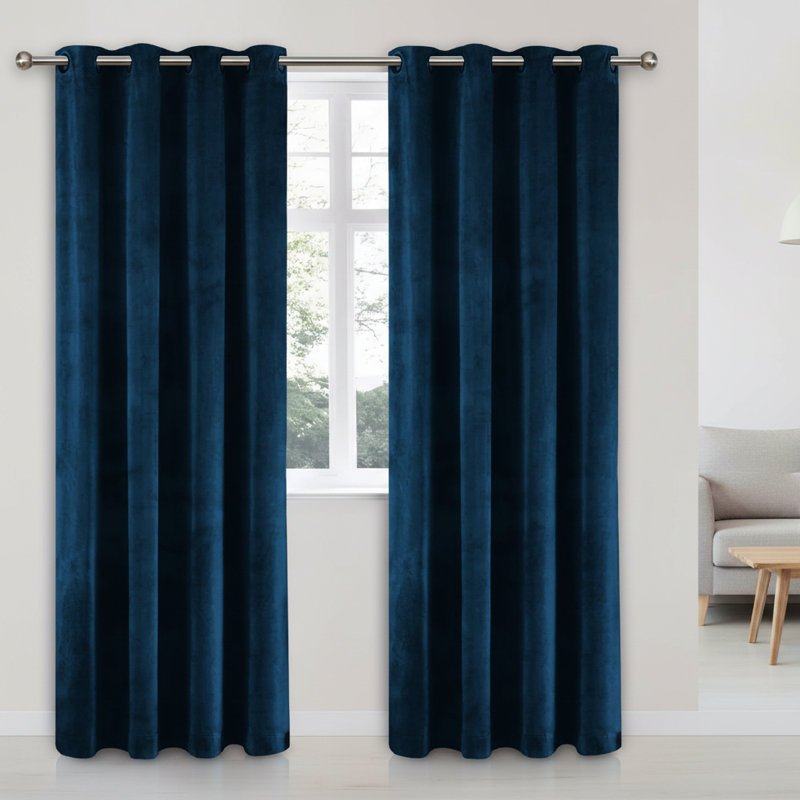 Thermal Velvet Curtains with Eyelet Ring Top - Blackout Crushed Velvet Drapes Pair, 117cm Width x 137cm Drop, Blue/Navy