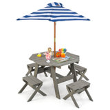 Kids Wooden Table Set With Octagon Table 4 Stools & Removable Adjustable Umbrella Grey