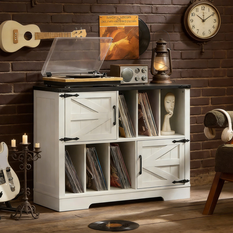 Farmhouse Record Player Stand With Vinyl Storage For 450 Albums, White Rustic Wood Cabinet With Barn Doors