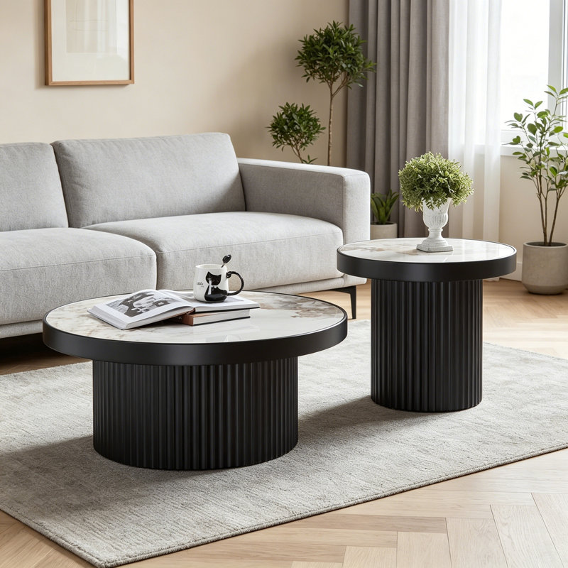 Ensemble de 2 tables basses rondes avec base robuste, White