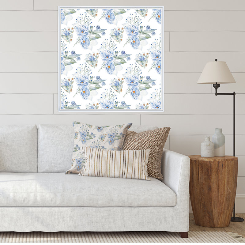 Fleurs de lin bleues - reproduction d'art sur toile à motifs, H 16 po x l 16 po, Cadre flottant blanc