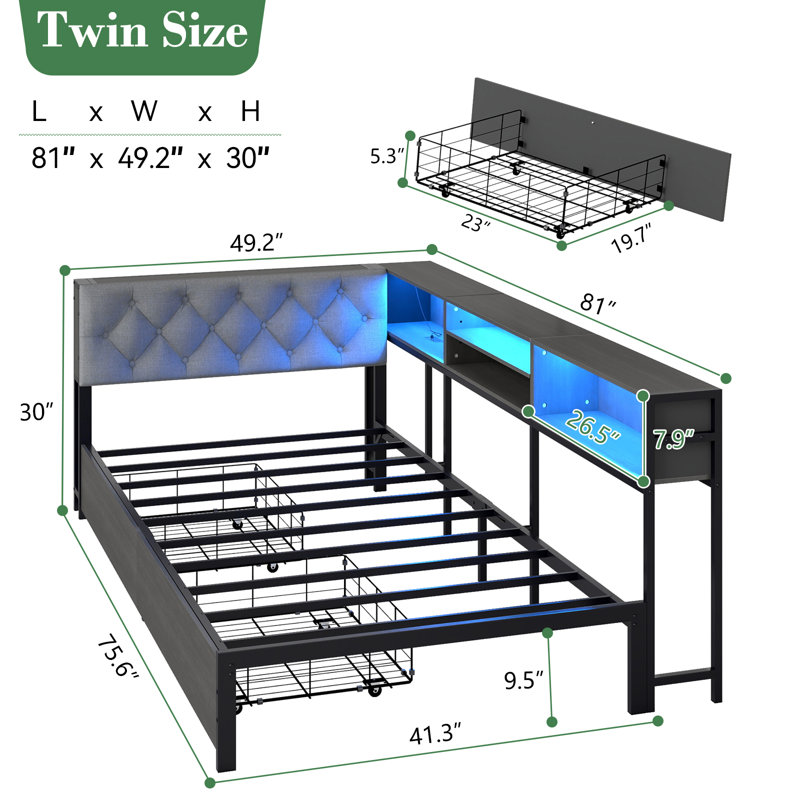 Twin Corner Bed Frame with 2 Drawers and Storage Bookcase, Daybed with Charging Station and LED Lights, Twin Size Corner bed for Kids and Teen