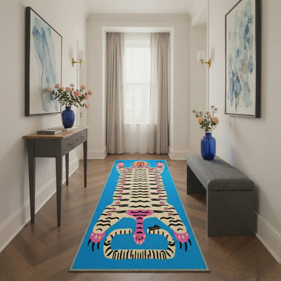 Kai Tiger Animal Print Machine Washable Blue / Pink / Beige Indoor Area Rug with Non-Slip Backing