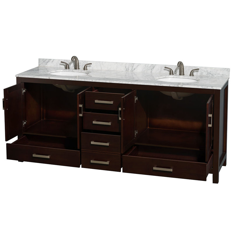 Meuble-lavabo double autoportant avec plateau en marbre Sheffield, Carrera blanche, Espresso
