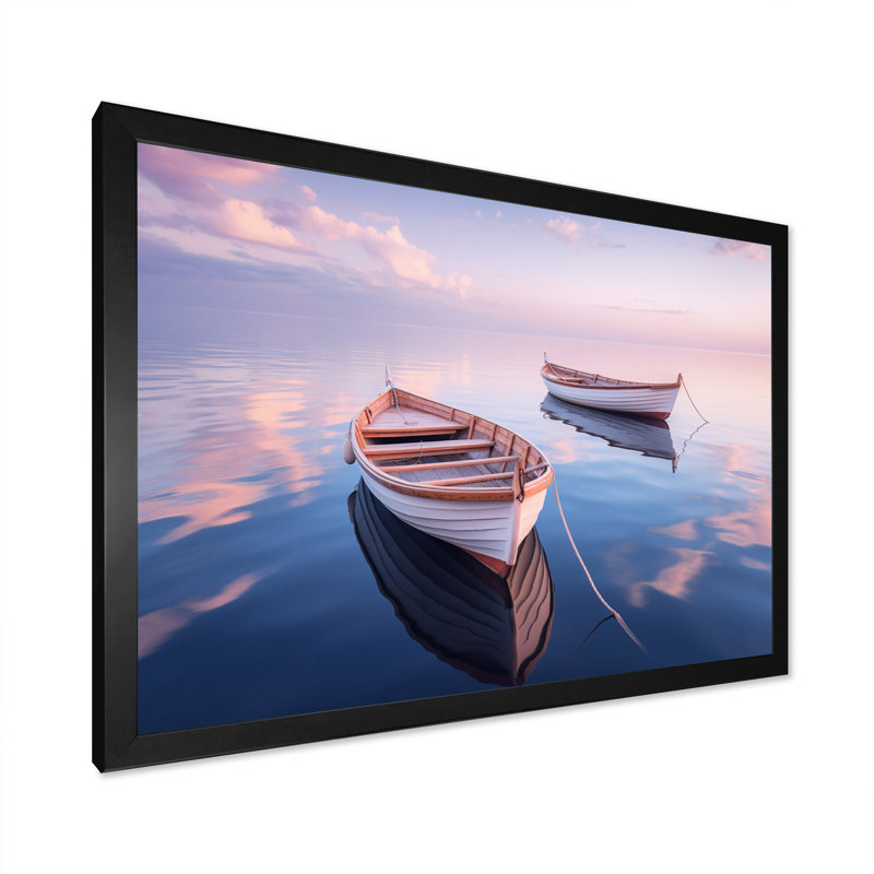 «Dinghy Boat Tranquility Pastel Sunset» sur toile, Cadre photo noir simple, H 34 po x l 44 po x P 1,5 po