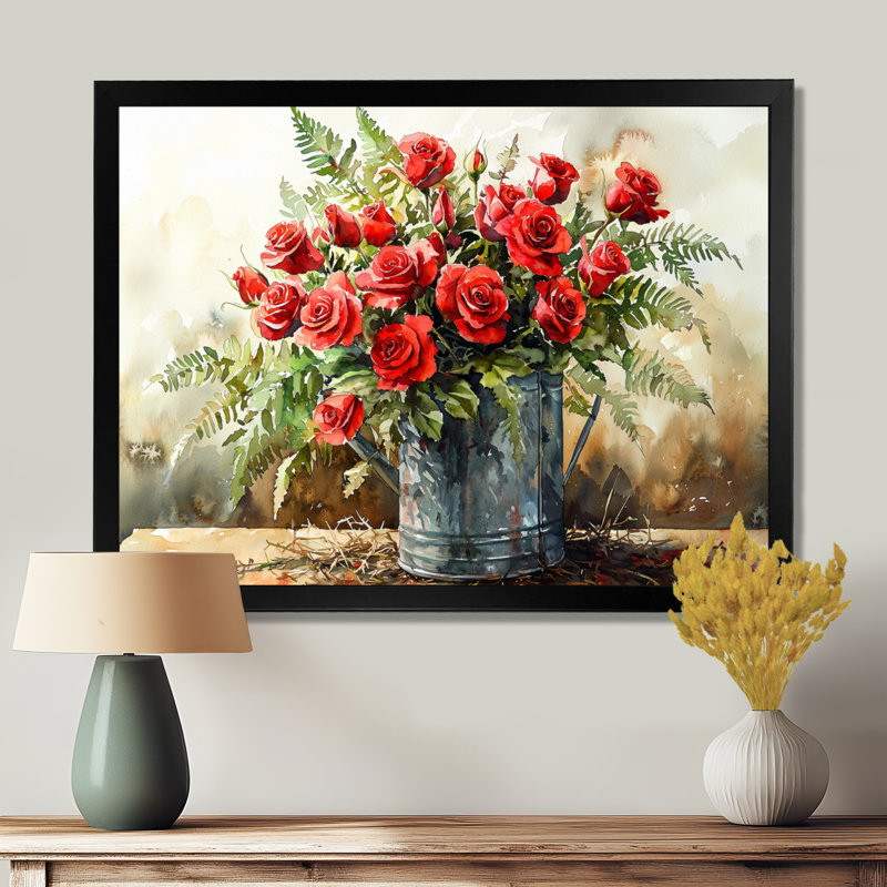 Bouquet de roses dans un vase de ferme I - Roses, art mural, H 12 po x l 20 po, Picture Framed, Noir